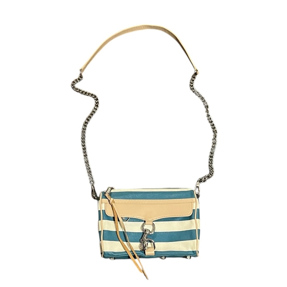 Rebecca Minkoff Mini MAC Teal&White Striped Coated Canvas /Leather Shoulder Bag - Picture 2 of 9